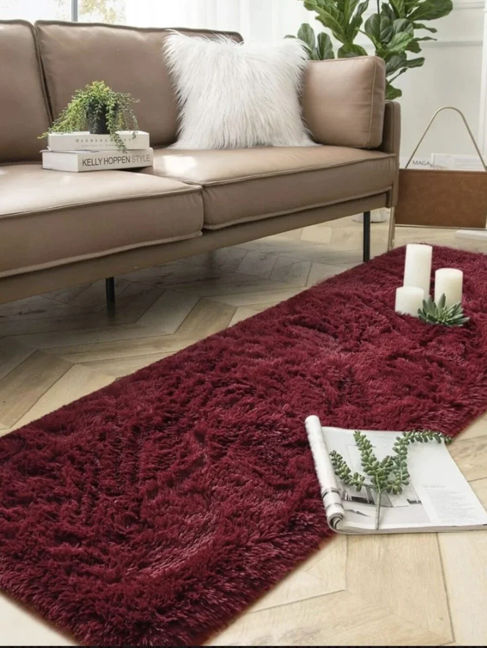 Plush Burgundy Shag Runner Rug - Soft Home Bath Accent
